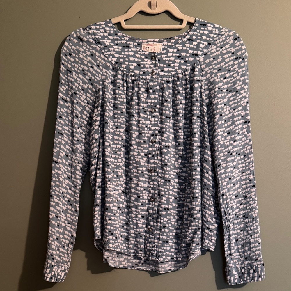 Anthropologie Blue Printed Long-Sleeve Button Front Blouse